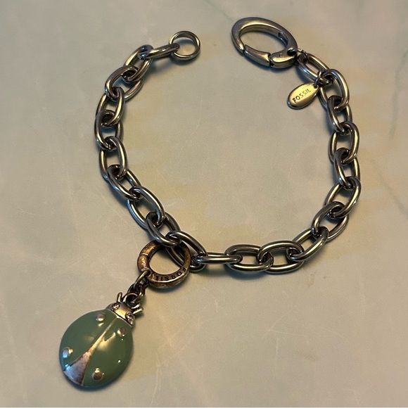 Fossil Silver and Green Beatle Charm Bracelet - Picture 1 of 3